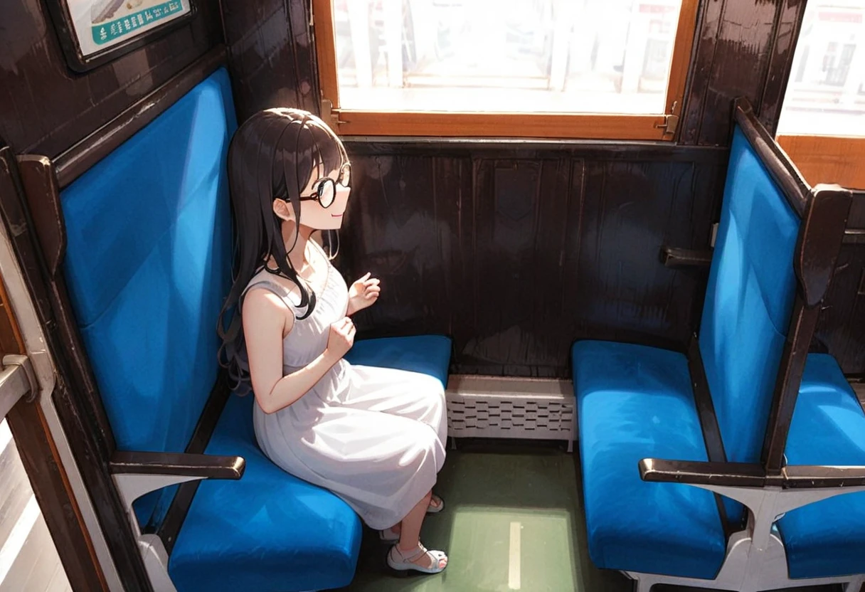 masterpiece, best quality, very aesthetic, absurdres,
1girl, solo, glasses, black hair, long hair, sundress, white dress, straw hat, bag, sitting, smile, looking at another, solo focus, from side,
oha35w, train interior, scenery, chair, sunlight, window, day, indoors,
<lora:oha35w_SDXL_V2:0.8>