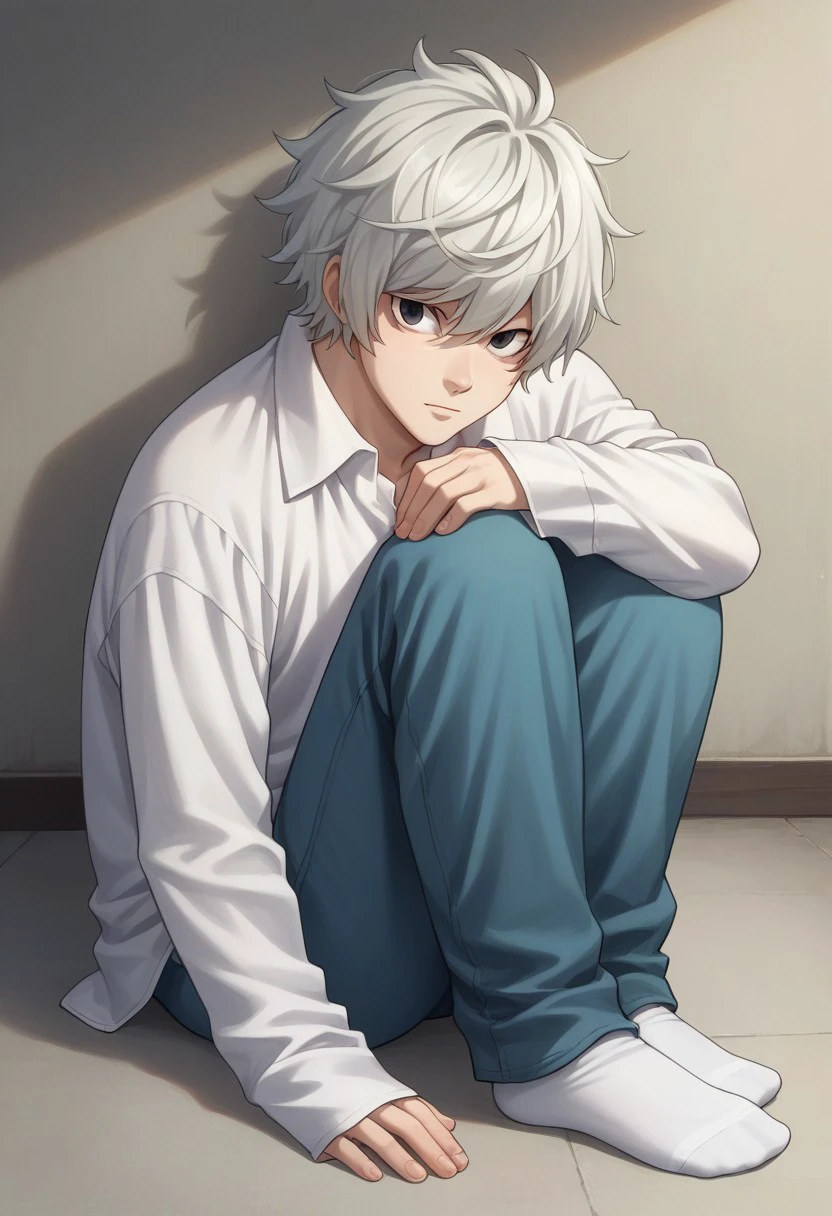 score_9, score_8_up, score_7_up, source_anime, highly detailed, 
near_dn, 1boy, solo, male focus, white hair,  black eyes, sitting, looking at viewer, shirt, white shirt, long sleeves, pants, blue pants, socks, white socks
indoor