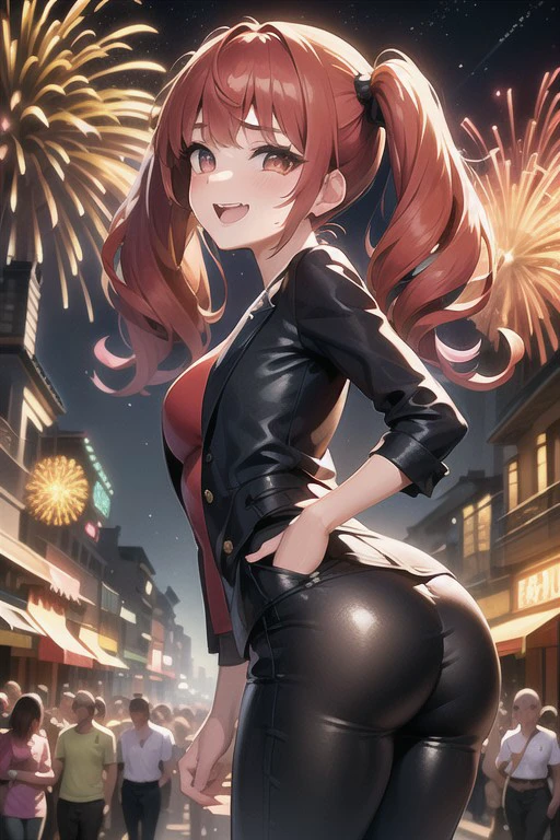 intricate details, finely detailed, <lora:Add Detail:0.4>, (masterpiece), best quality, high resolution, highly detailed, detailed background, thin, small size, ((curved)), (ray of lights), colorful backgrounds, (close up),  ((st_style)),smiling, ((little short twintails)), red hair, night, big breasts, laughing, night, ((landscape of a parade in a crowded main street with lights and fireworks)), birds, butterfly, food and game stalls, ((tight t-shirt with black jacket and tight pants))