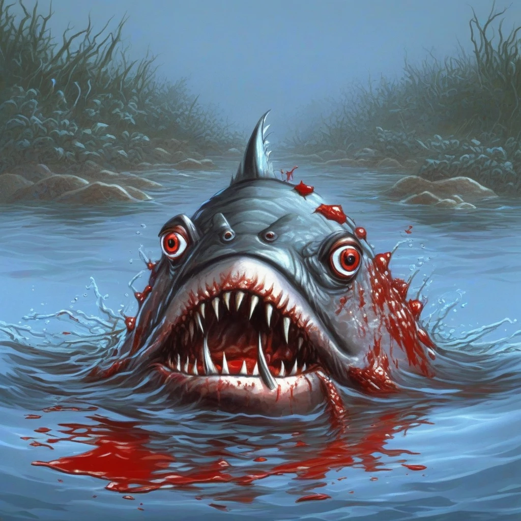 timjacobus style, piranhas, blood puddle, horror theme,