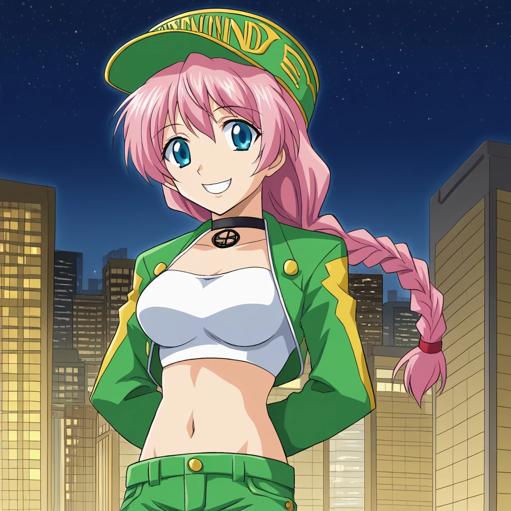 (absurdres), 1girl, WendyRyan, 1girl, PF1Outfit, solo focus, green cap, green shorts, green jacket, multicolored striped pantyhose, BREAK white crop top, midriff, navel, twin braided ponytail, choker, city, night, urban, buildings, starry sky, arms behind back, <lora:WendyRyan_SDXL-000005:1.0>, upper body, smile, :D, bosemanga, <lora:BoseManga_SDXL:1>