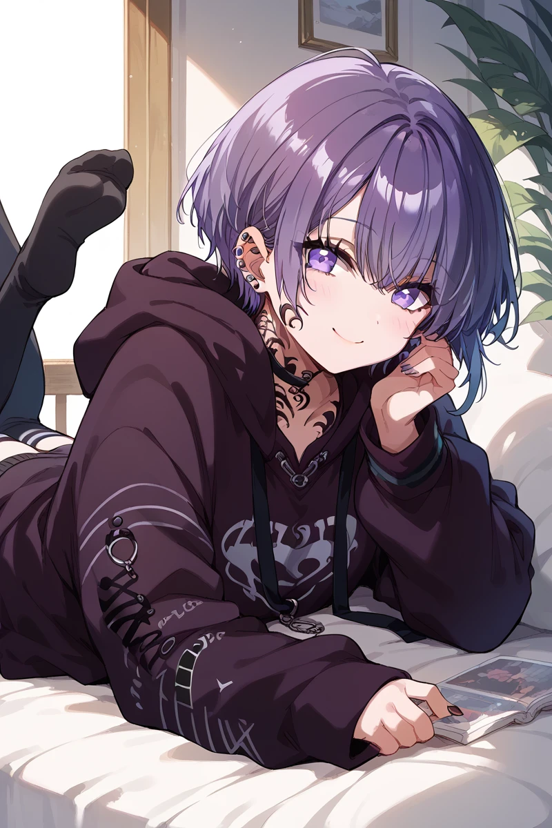 score_9, score_8_up, score_7_up, score_6_up, 1girl, solo,
<lora:Sophia:0.9> sophia, piercing, hoodie, purple eyes, tattoo, on stomach, ear piercing, lying, hood, thighhighs, looking at viewer, jewelry, smile, short hair