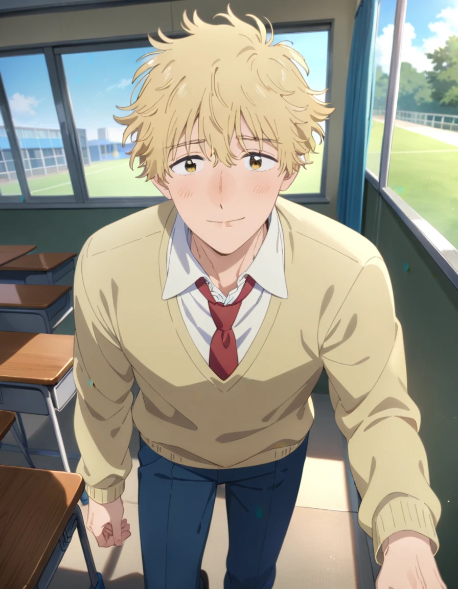 1boy, solo, male focus, full body, shima sousuke, blonde hair, brown eyes, yellow sweater, blue pants, collared shirt, white shirt, red necktie, outdoors, looking at viewer, facing viewer, classroom, school desk, masterpiece, best quality, very aesthetic, absurdres, very detailed, sensitive,