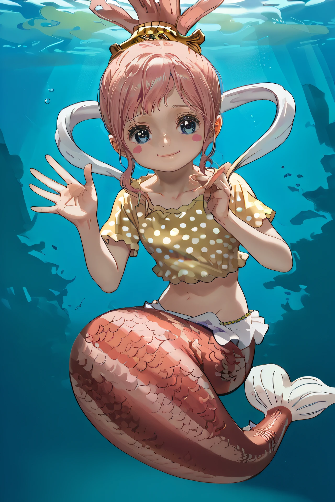 score_9, score_8_up, source_anime,
shirahoshi, ??? shirahoshi, blue eyes, short hair, ponytail, pink hair, blush stickers, scales, mermaid,
polka dot shirt, midriff, hagoromo,
full body, cute smile, looking at viewer, underwater, waving,
<lora:Smooth Style 2 SDXL_LoRA_Pony Diffusion V6 XL:0.8> <lora:shirahoshi:1>