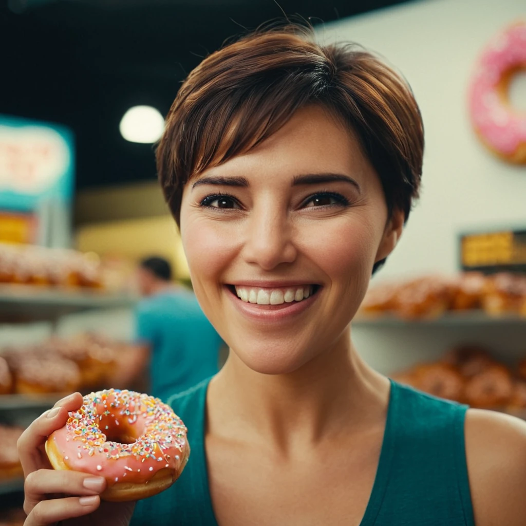 cinematic film still of  <lora:hon3y2 v2:1> hon3y2 
<lora:eyetune:0.1>
<lora:perfection style:0.1>
<lora:detailed:0.1>
happy facial expression of a happy short hair milf woman smiling in a store with a donut in her hand, movie themed, sharp, detailed skin, epic cinematic photography, artistic, creative, wrinkly face, dramatic lighting style, cinematic color style, Kodak film style, skin pore, emotional style, gustier style, facial expression style, happy facial style, 1girl, solo, looking at viewer, smile, short hair, brown hair, brown eyes, teeth, indoors, grin, portrait, realistic, blurry, asian
, shallow depth of field, vignette, highly detailed, high budget, bokeh, cinemascope, moody, epic, gorgeous, film grain, grainy