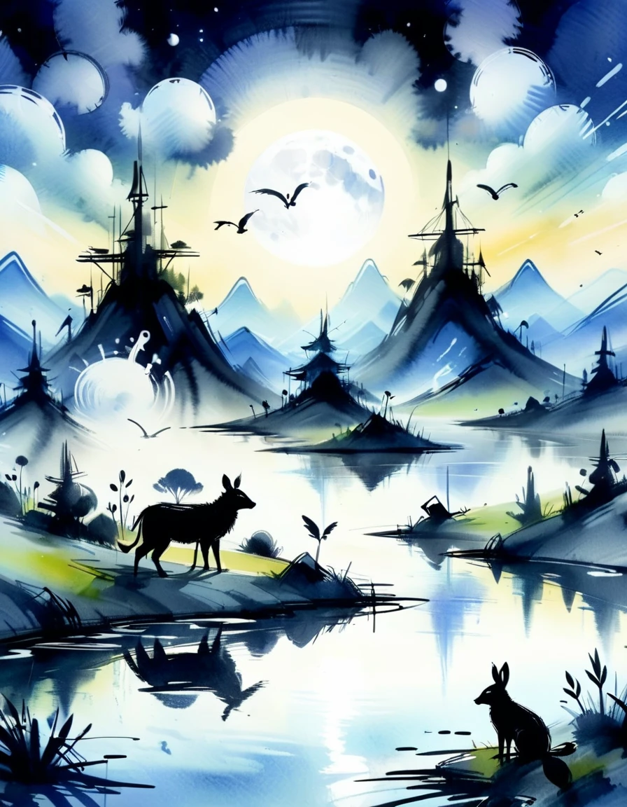 ink, subversive minimalistic animal in a dreamlike environment at evening,