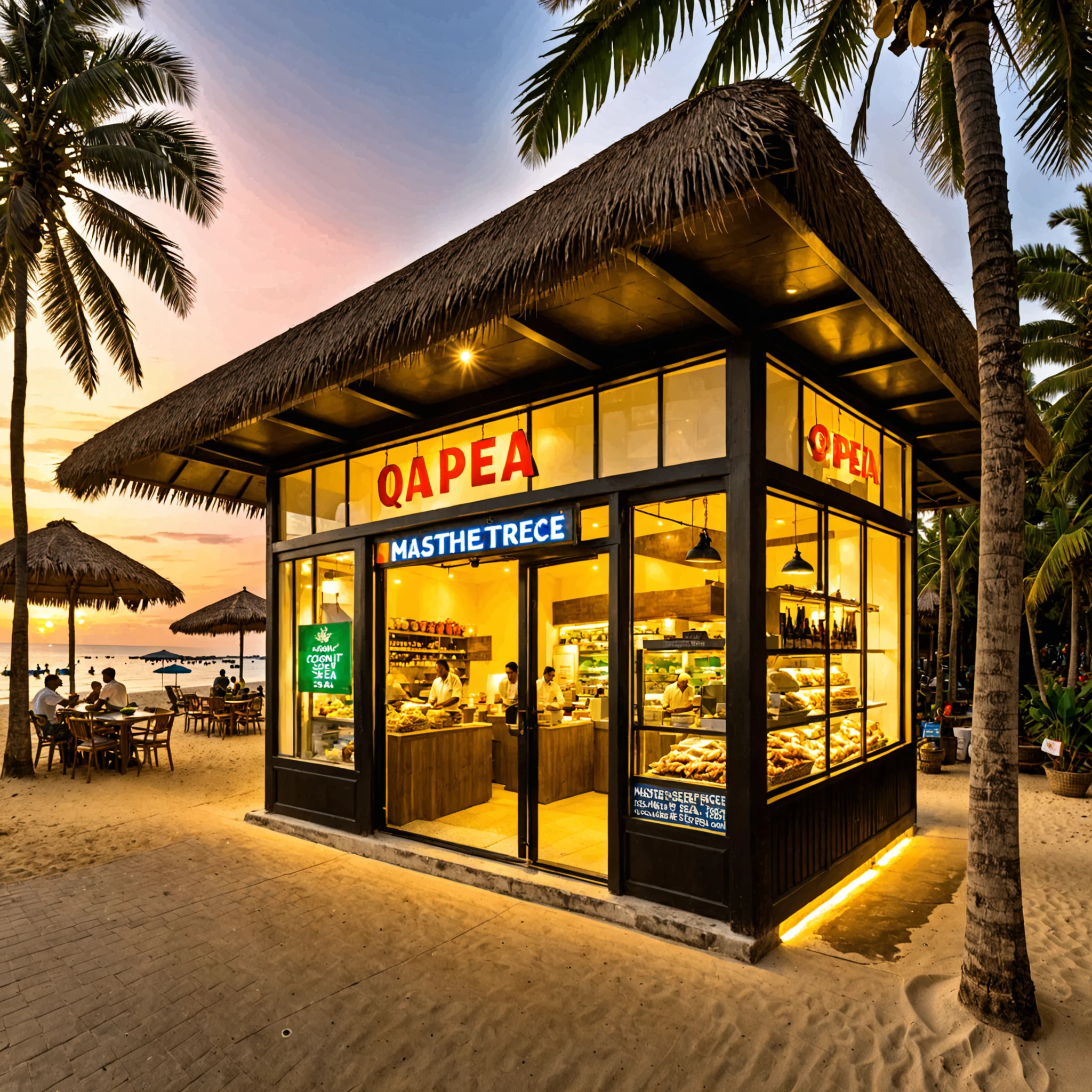 <lora:storefront_XL:0.6>,storefront,best qualtiy,masterpiece,over the sea,open-air shop,coconut trees,beach,sunset,seafood store,seafood,