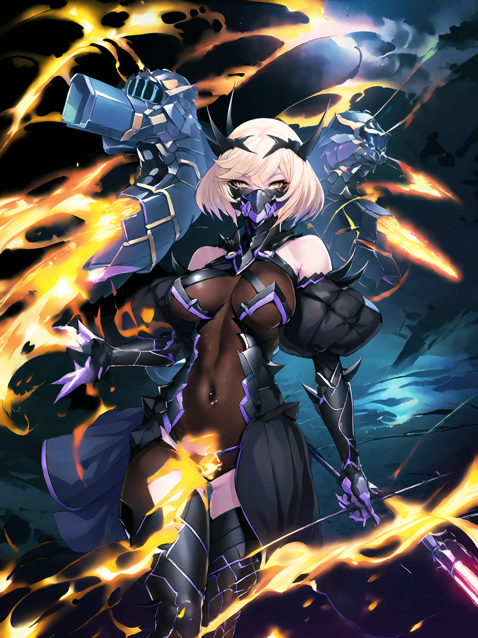 masterpiece,best quality,highres,cinematic lighting,dramatic angle,1girl,<lora:TaimaninWightV13:1>,blonde hair,yellow eyes,purple and black theme,horns,hair ornament,holding hammer,polearm,weapon,bare shoulders,puffy sleeves,bodysuit,spikes,gloves,mask,shaded face,glowing eyes,waist cape,armored boots,thighhighs,asymmetrical legwear, looking at viewer,(from below:1.4),dutch angle,fire,explosion,cyberpunk city,depth of field,portrait,close-up,1girl with 3others,3 bee-like cyborgs with fin funnels and mechanical wings flying around,laser beam,glowing particles,<lora:flat2:0.25>