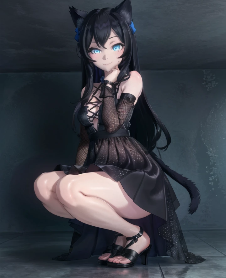 masterpiece, colorful background, best quality, perfect image, best image, wallpaper, detailed hands, detaikled eyes, HD, UHD, best lighting, amazing, 1girl, oathmeal, cat ears, cat tail, black hair, blue eyes, cat eyes, dress, anime, 2d art style, visible panties, cat tail, smile, solo, solofocus, squatting, legs spread, 