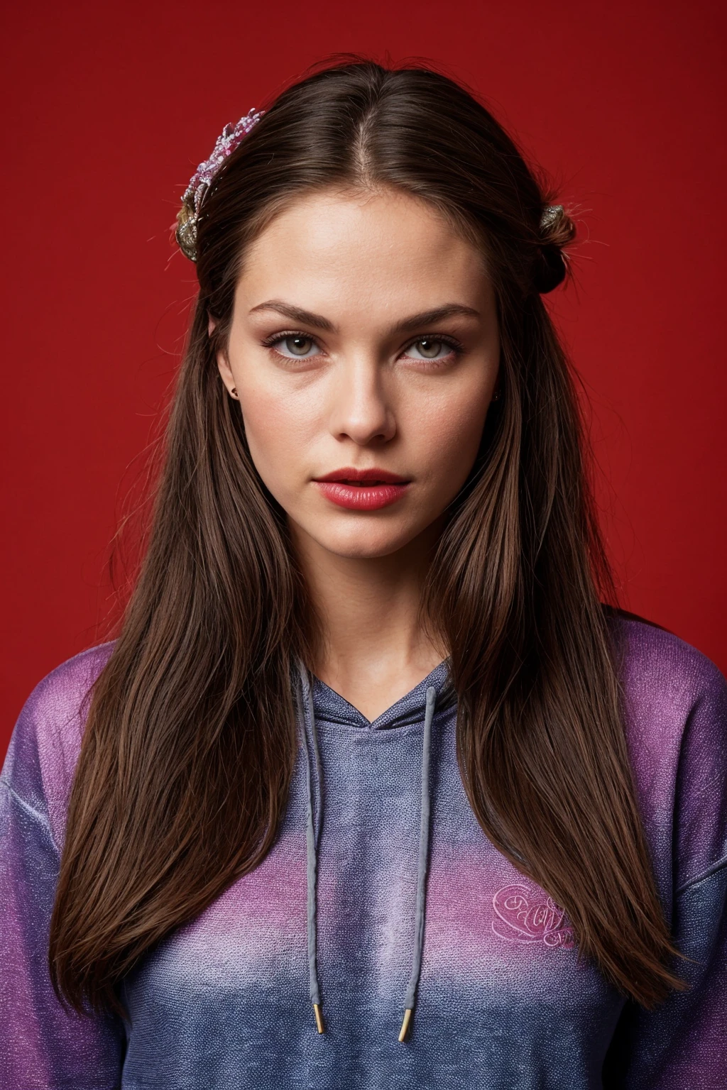 photo of (kd3v3r-135:0.99), closeup portrait, perfect hair, posing, (modern photo, one-shoulder Birch Hoodie, Leggings), (polaroid frame), 24mm, (analog, film, film grain:1.3), (plain Pastel Pink background, gradient), ((detailed eyes)), (seductive pose), (epicPhoto), earrings