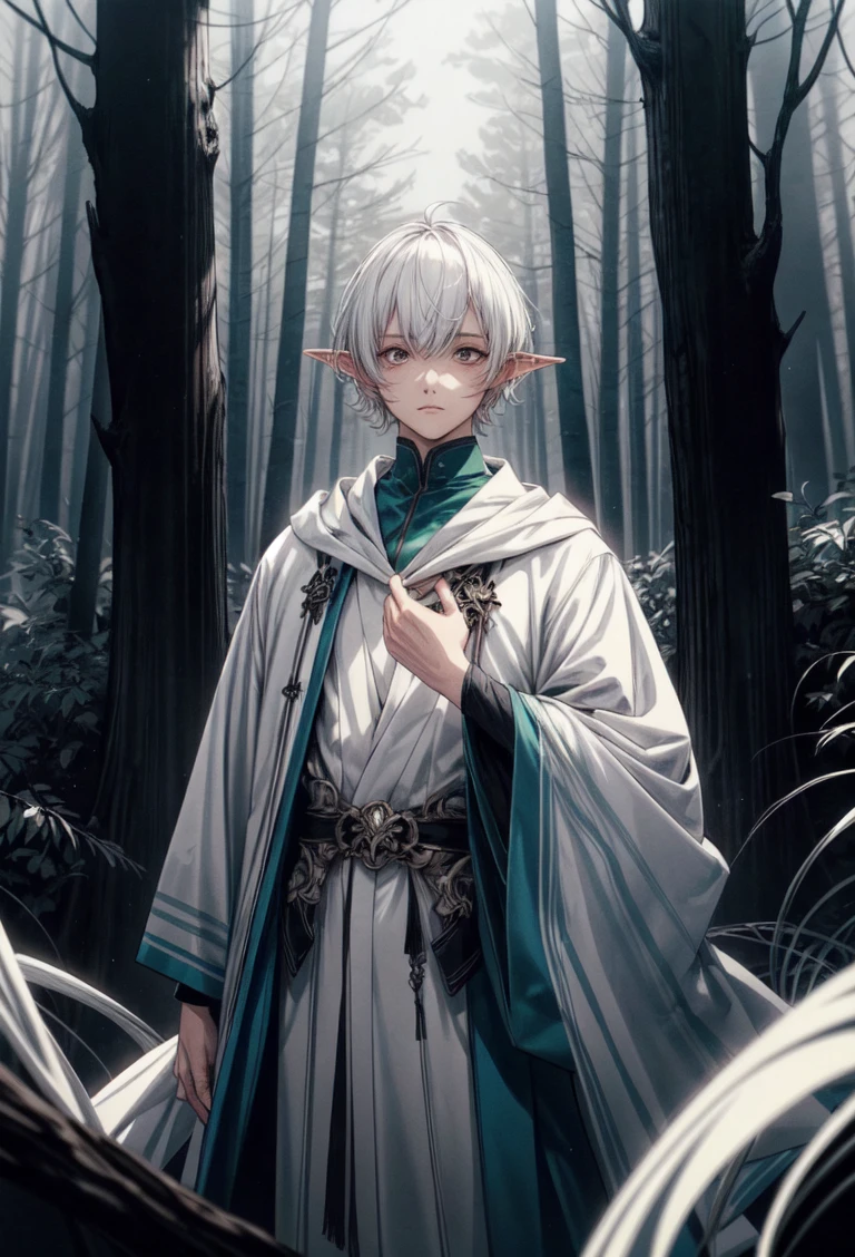 (Silhouette Art), breathtaking manga, 1 wood elf man, albino, white short hair, red albino eyes. Green wizard robes, clean lineart, screentones, blue forest, cobwebs, dark, cinematic anime