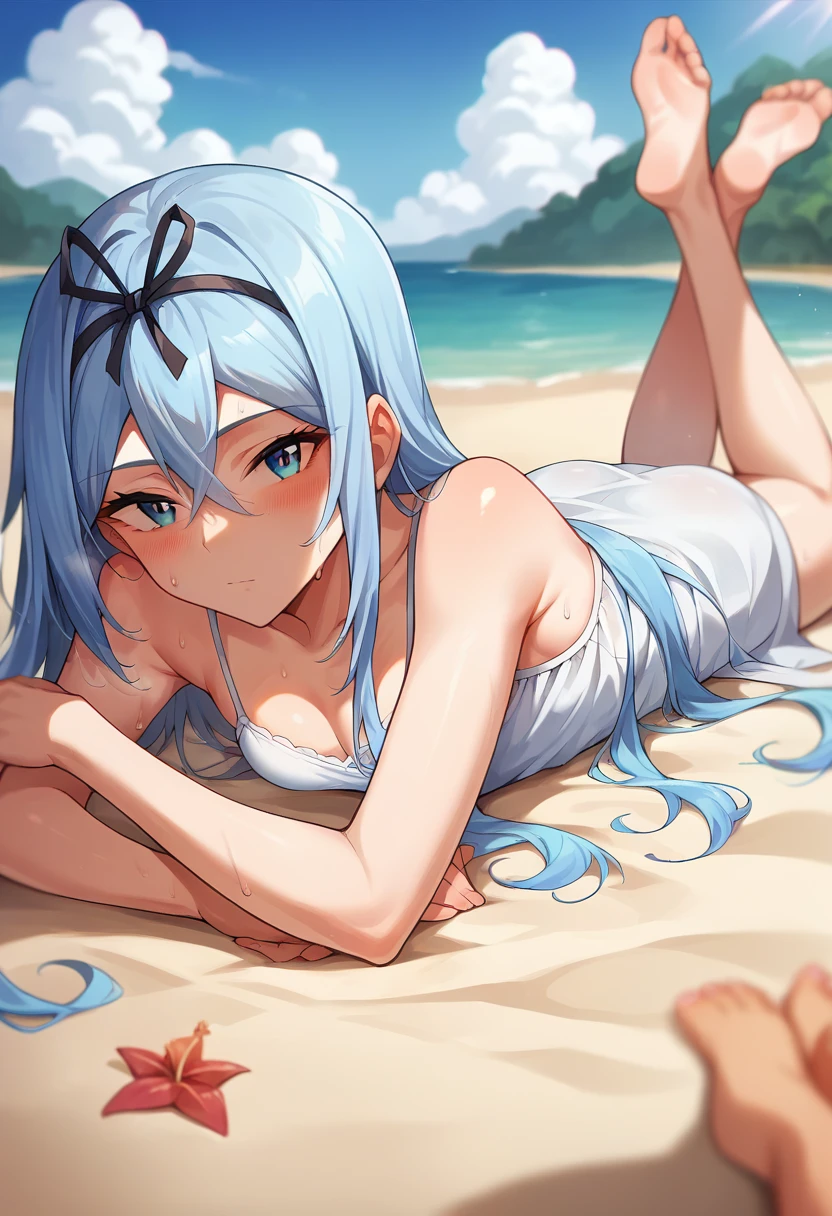 score_9, score_8_up, score_7_up, source_anime, masterpiece, 1girl, ctiankrulc1fer, light blue hair, blue eyes, white camisole dress, sand, looking at viewer, outdoors, beach, depth of field, sunny, day, sweat, smell, lying, on stomach, feet,<lora:Krulcifer_Einfolk_pony_ct:1>