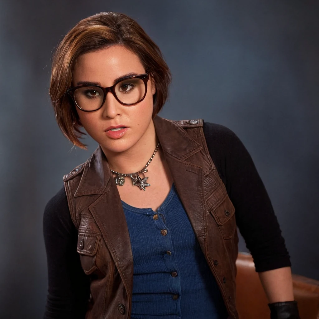 cinematic film still of <lora:Allison Scagliotti:0.9>
<lora:perfection style:0.5> perfection style
<lora:TeethXL:1>
Allison Scagliotti a woman wearing glasses and a vest, movie themed, sharp, detailed, epic cinematic photography, artistic, dramatic light, cinematic color style, Allison Scagliotti style, 1girl, solo, short hair, brown hair, shirt, gloves, jewelry, jacket, open clothes, glasses, black gloves, necklace, mole, blurry, vest, lips, blurry background, watermark, sunglasses, denim, instrument, web address, freckles, realistic, guitar, leather, leather jacket, looking at viewer, holding, book, sleeves rolled up, nose, denim jacket, photorealistic, shallow depth of field, vignette, highly detailed, high budget, bokeh, cinemascope, moody, epic, gorgeous, film grain, grainy