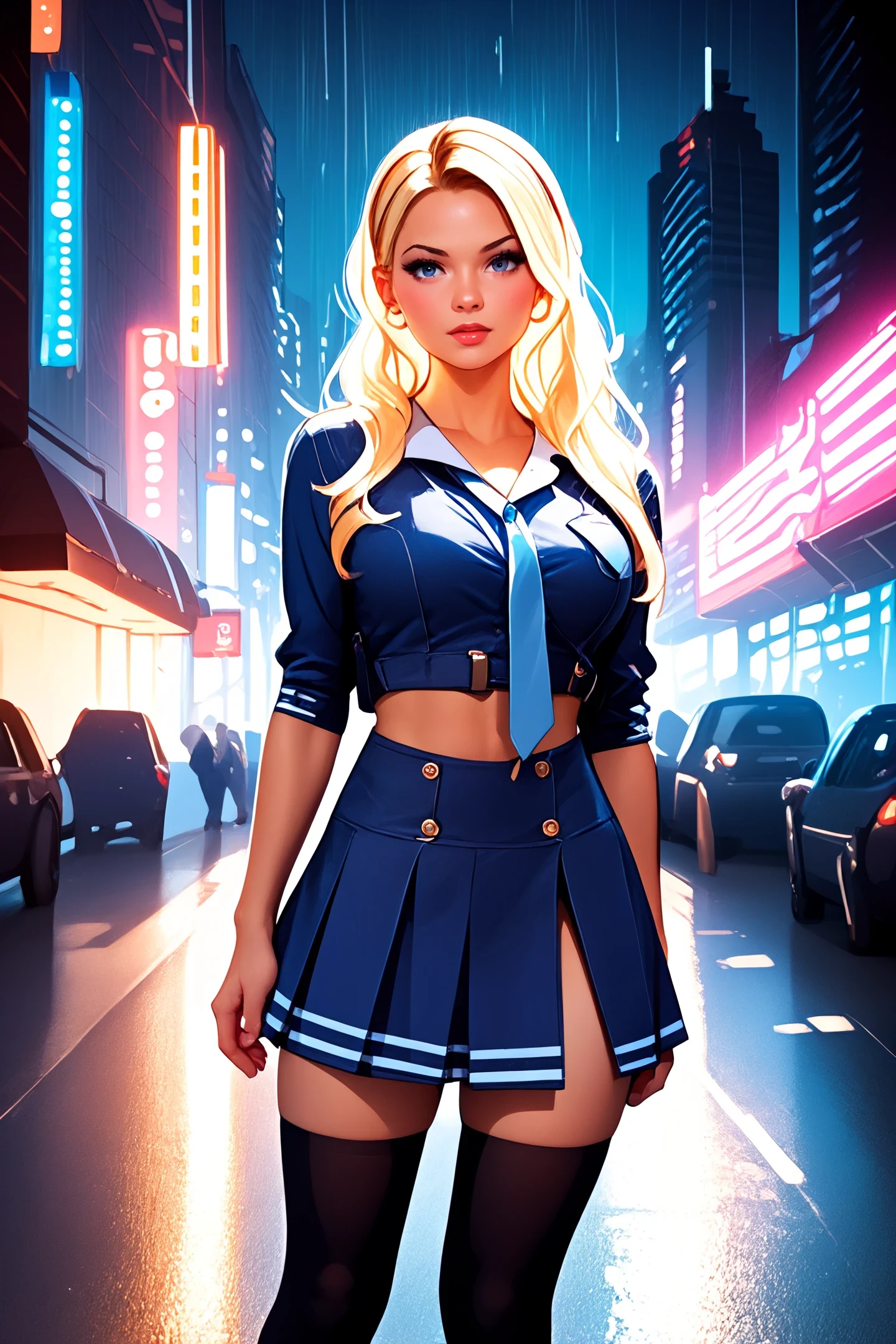 sapbd costume, blue crop top and skirt, thighhighs, blond, midriff,  <lora:babydoll_sapbd_costume:1>
large breasts, 
Futuristic cityscape and neon lights and rain at background,
illustration of woman standing. professional. high quality. highres, full body. beautiful. young. cartoon
score_9, score_8_up, score_7_up, score_6_up