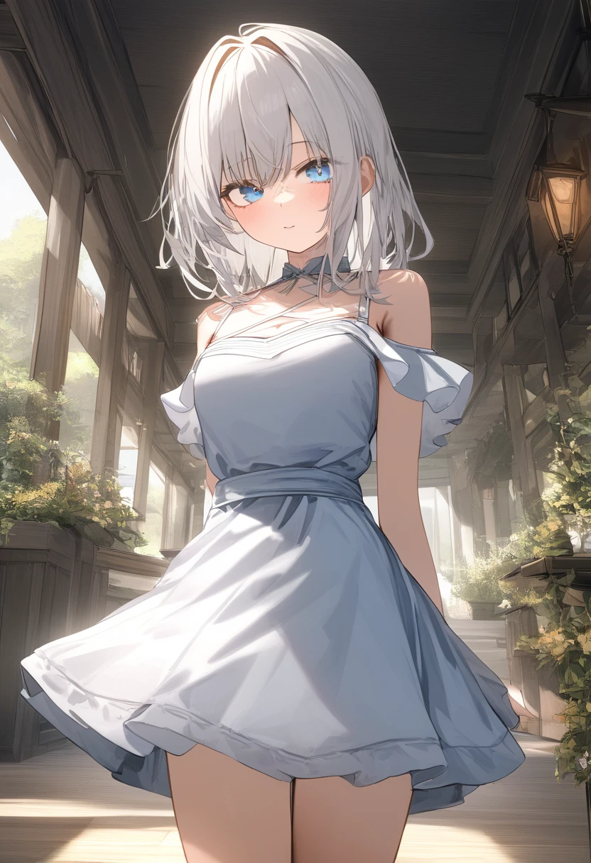 1girl, solo, blue eyes, white hair, looking at viewer, cowboy shot, dress,
newest,very aesthetic,highly detailed,best quality,absurdres,detailed,HDR,natural light,