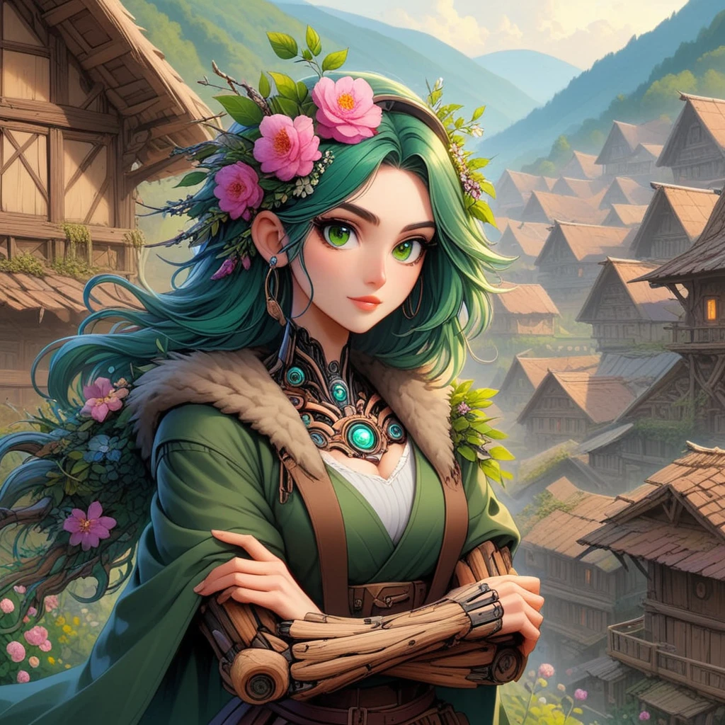 NaturePunk, a beautiful woman with flowers and livin wood, beautiful green eyes, long purple hair, flowers, village background