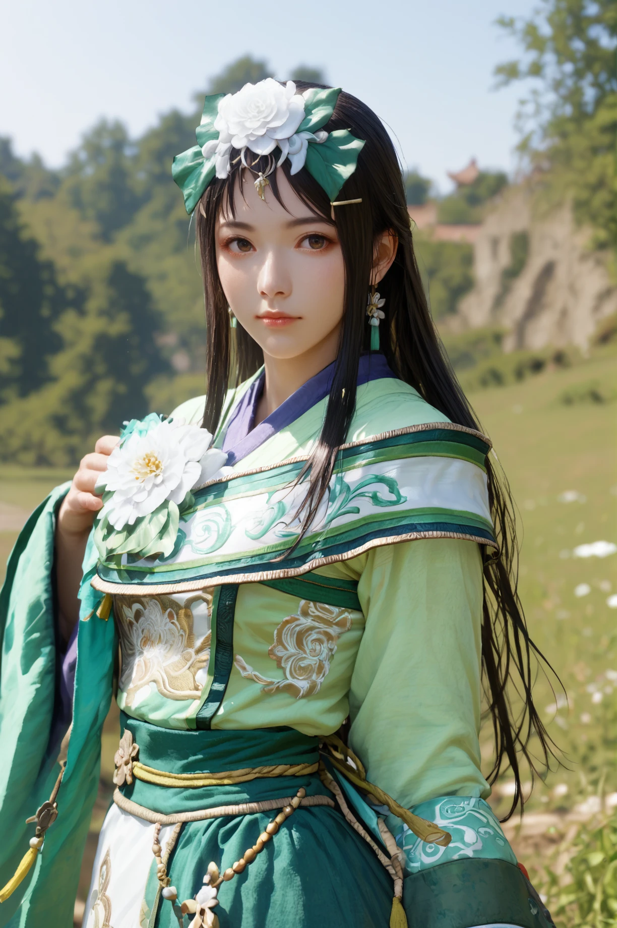 score_9, score_8_up, score_7_up , masterpiece, best quality, perfect anatomy, BREAK <lora:Xiahouji_Dynasty_Warrior:0.7> 1girl, solo, long hair, black hair, hair flower, chinese clothes, cowboy shot, looking at viewer