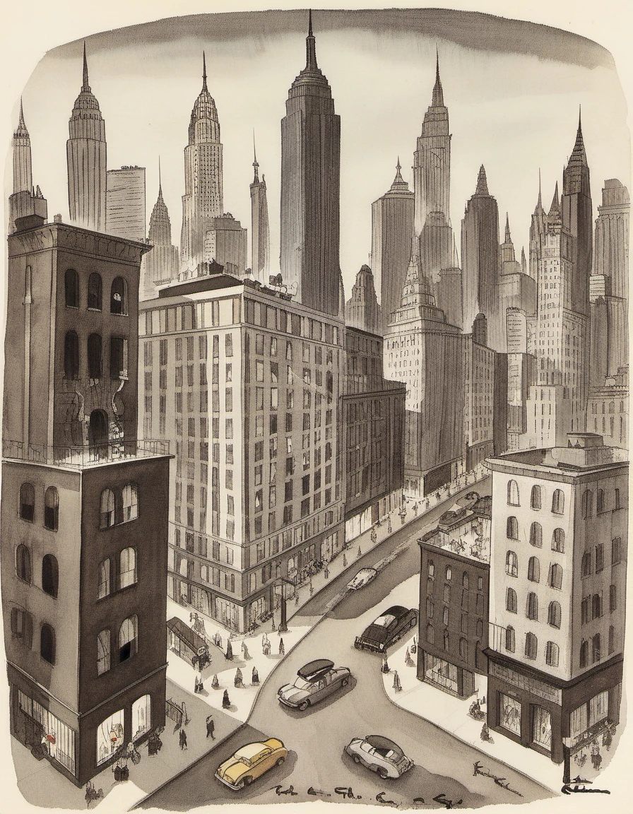 a cartoon of manhattan new york in the style of charles-addams,  cartoon of manhattan new york in the style of charles-addams