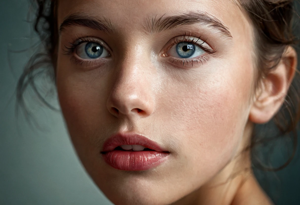 (RAW high-end (telephoto lens) photography by Martin Deschambault, Hassleblad camera), beautiful light, color corrected, symmetrical composition. girl's gorgeous ((wide slightly apart)) lips close-up, (natural human skin with visible pores and minor blemishes, very detailed, cluttered skin:0.1)