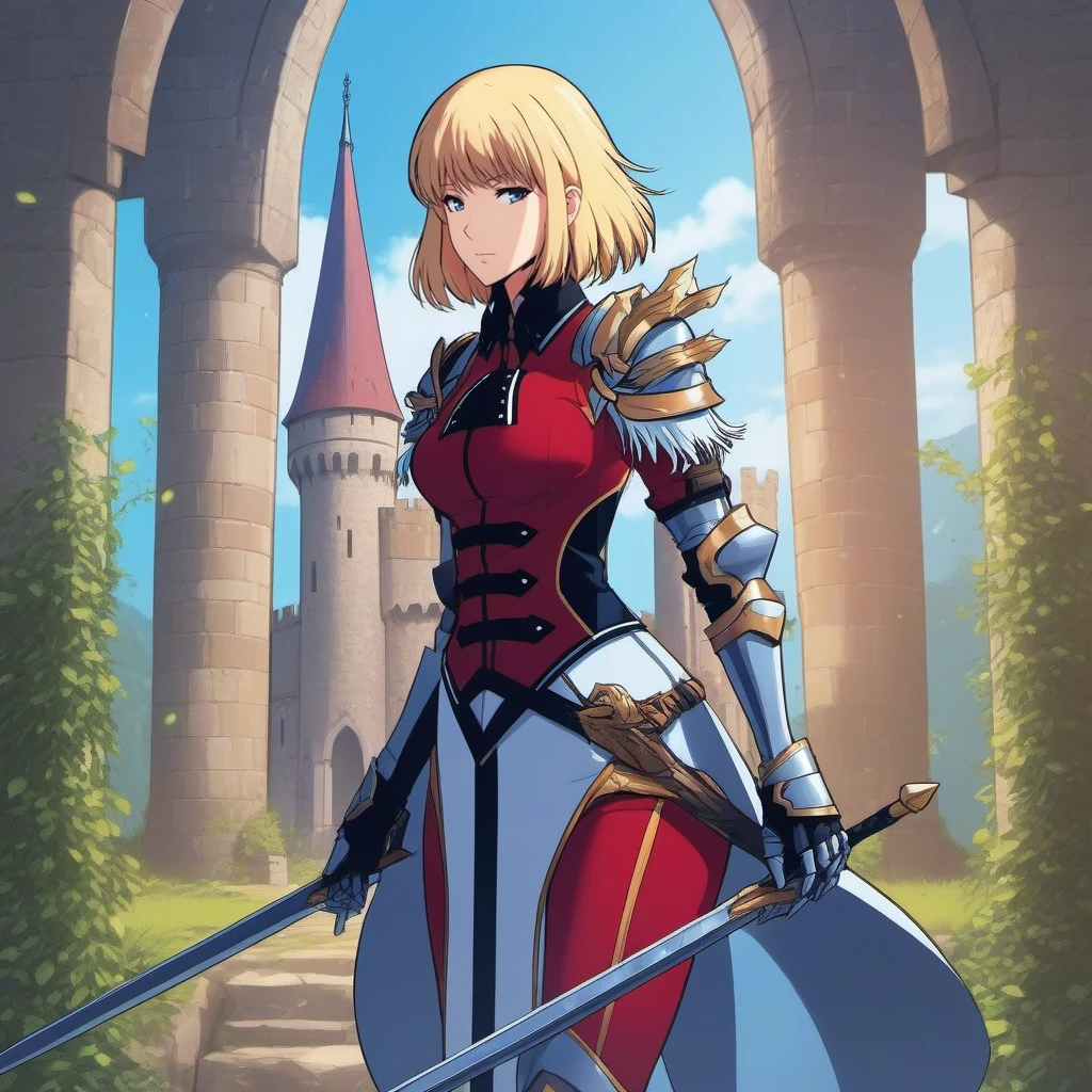 anime artwork full body portrait 1GIRL,SOLO,BLONDE short HAIR, LARGE BREAST, ARMOR, sword, weapon, SHEATH, GAUNTLETS, BOOTS, stands in a medieval castle garden <lora:ChaHaeIn1024:0.8> . anime style, key visual, vibrant, studio anime,  highly detailed