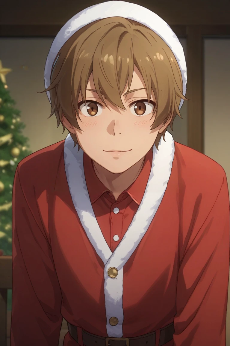 score_9, score_8_up, score_7_up, , rating_safe, , , looking at viewer, , 1boy, solo, male focus, <lora:iori_himemiya_pony:0.74>, iori_himemiya, brown hair, brown eyes, short hair, , , santa claus costume, <lora:sdxl_lightning_8step_lora:1>