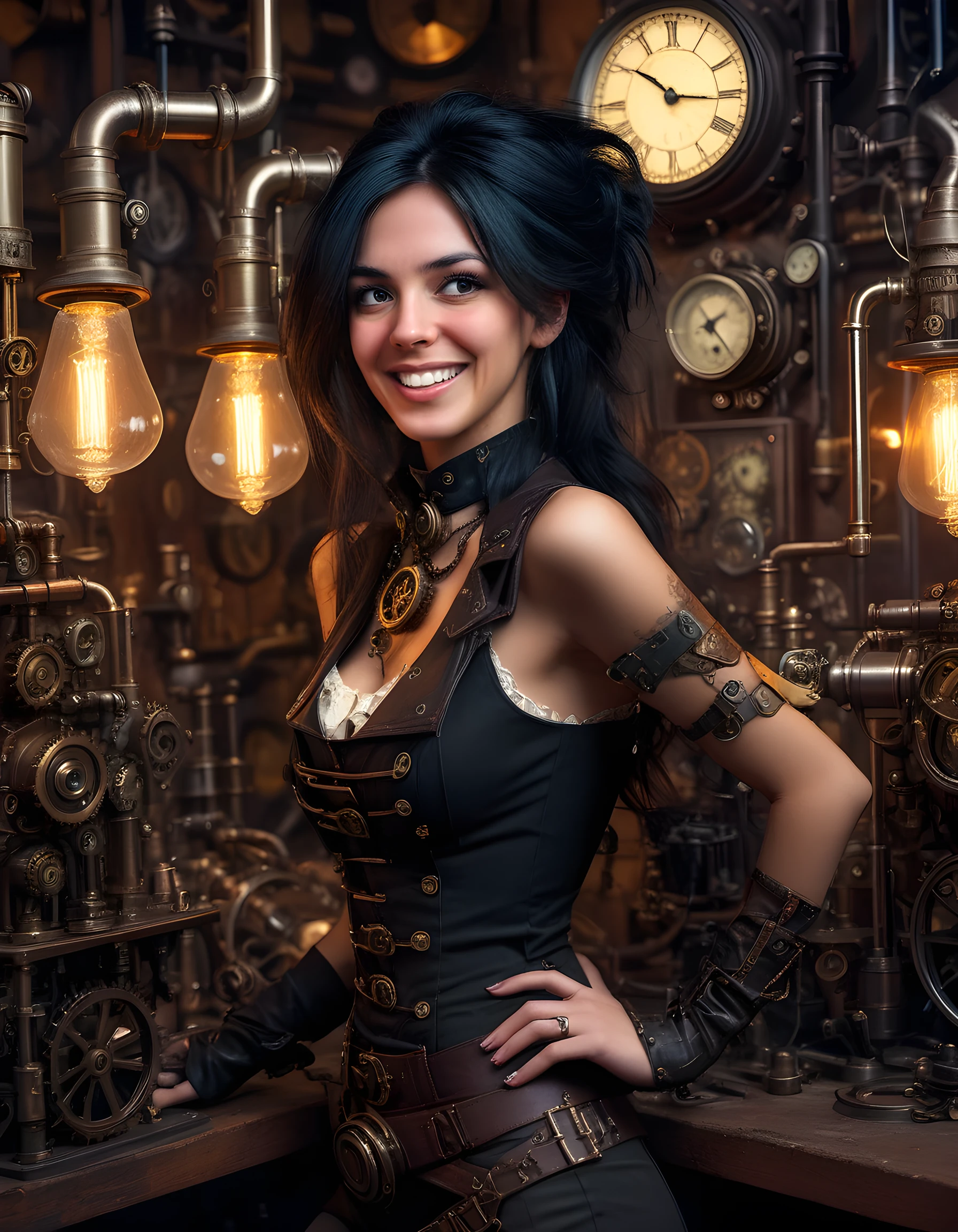 In a dimly lit, steampunk-inspired workshop, the captivating S4R4D, a woman with raven-black hair cascading down her back, strikes a playful pose. Her eyes sparkle with mischief as she flashes a wide, radiant grin, revealing perfect teeth in an otherwise edgy and gritty setting. The camera angles low from below, capturing the intricate details of her unique steampunk outfit adorned with gears, brass, and vibrant colors, set against the backdrop of a cluttered, antiquated laboratory filled with peculiar contraptions and flickering gas lamps, all contributing to an atmosphere of mystery and wonder.