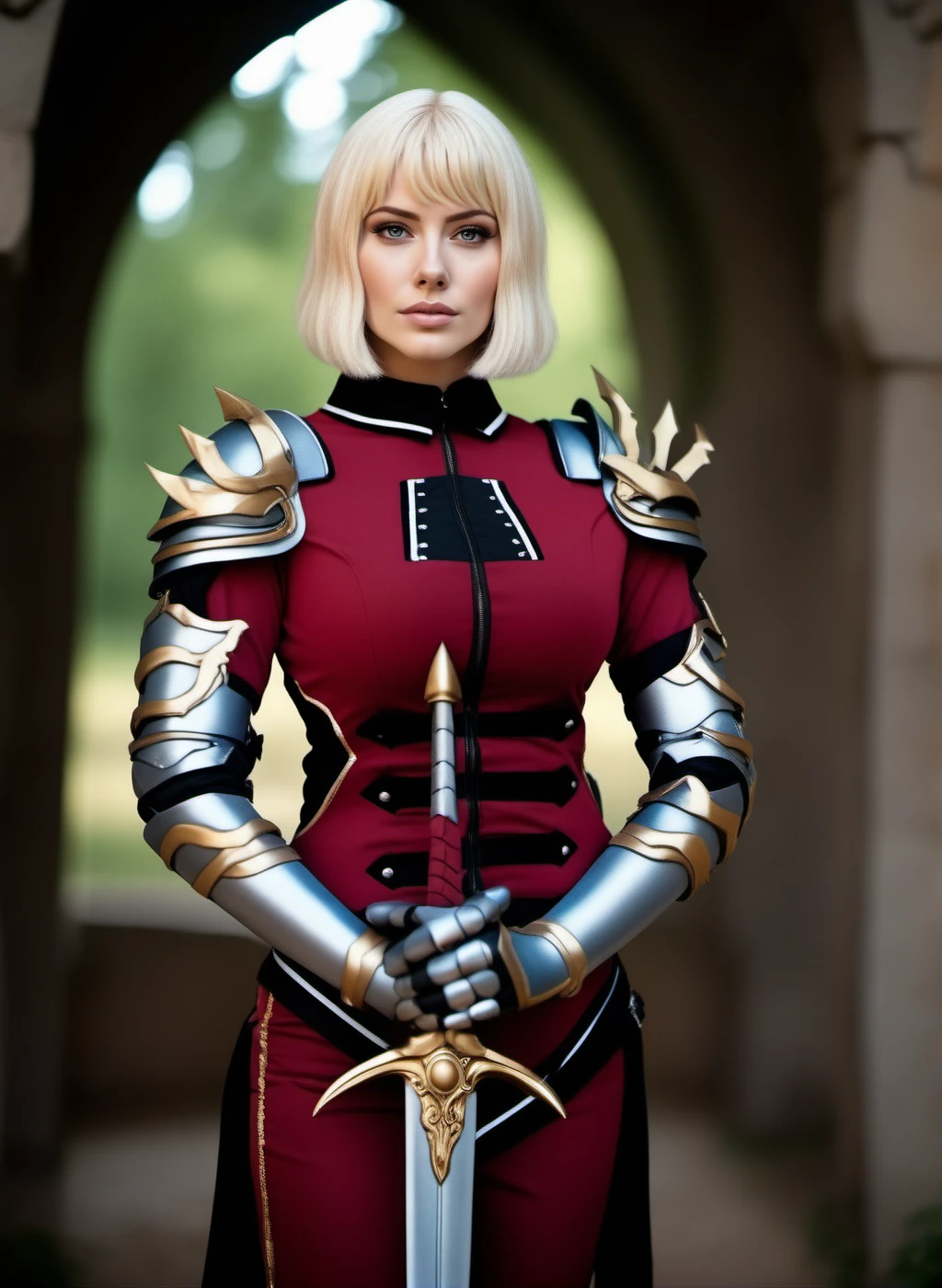 cinematic photo full body portrait 1GIRL,SOLO,BLONDE short HAIR, LARGE BREAST, ARMOR, sword, weapon, SHEATH, GAUNTLETS, BOOTS, stands in a medieval castle garden <lora:ChaHaeIn1024:0.8> . 35mm photograph, film, bokeh, professional, 4k, highly detailed