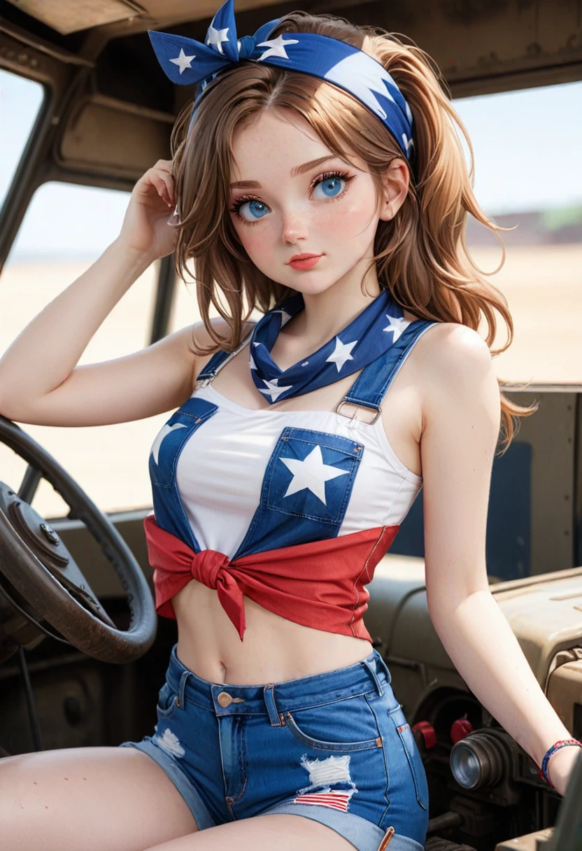 (anime cartoon:1.5) <lora:Jamie - The RBAAG_epoch_10:0.4>J4mi3, 1girl, american flag, armpits, bandana, blue eyes, blurry background, denim, denim shorts, freckles, ground vehicle, lips, long hair, looking at viewer, motor vehicle, patriotic, shorts, sitting, solo, suspenders, tied shirt  , subsurface scattering, Photorealistic, Hyperrealistic, analog style, realistic, film photography, soft lighting, heavy shadow