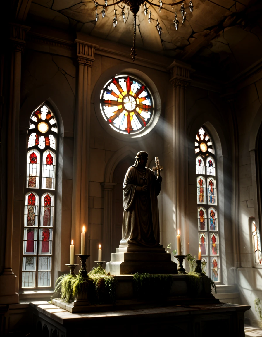 detailed, realistic,
eerie, eerie lighting,  abandonned church ((ruins)), close view of lit altar, no humans, sunlight,cross, scenery, light rays, candle, sunbeam, sunrays, angel statue, broken stained glass,chandelier, column, moss, nature, 
post apocalyptic art
 <lora:eerie_v2:0.8>