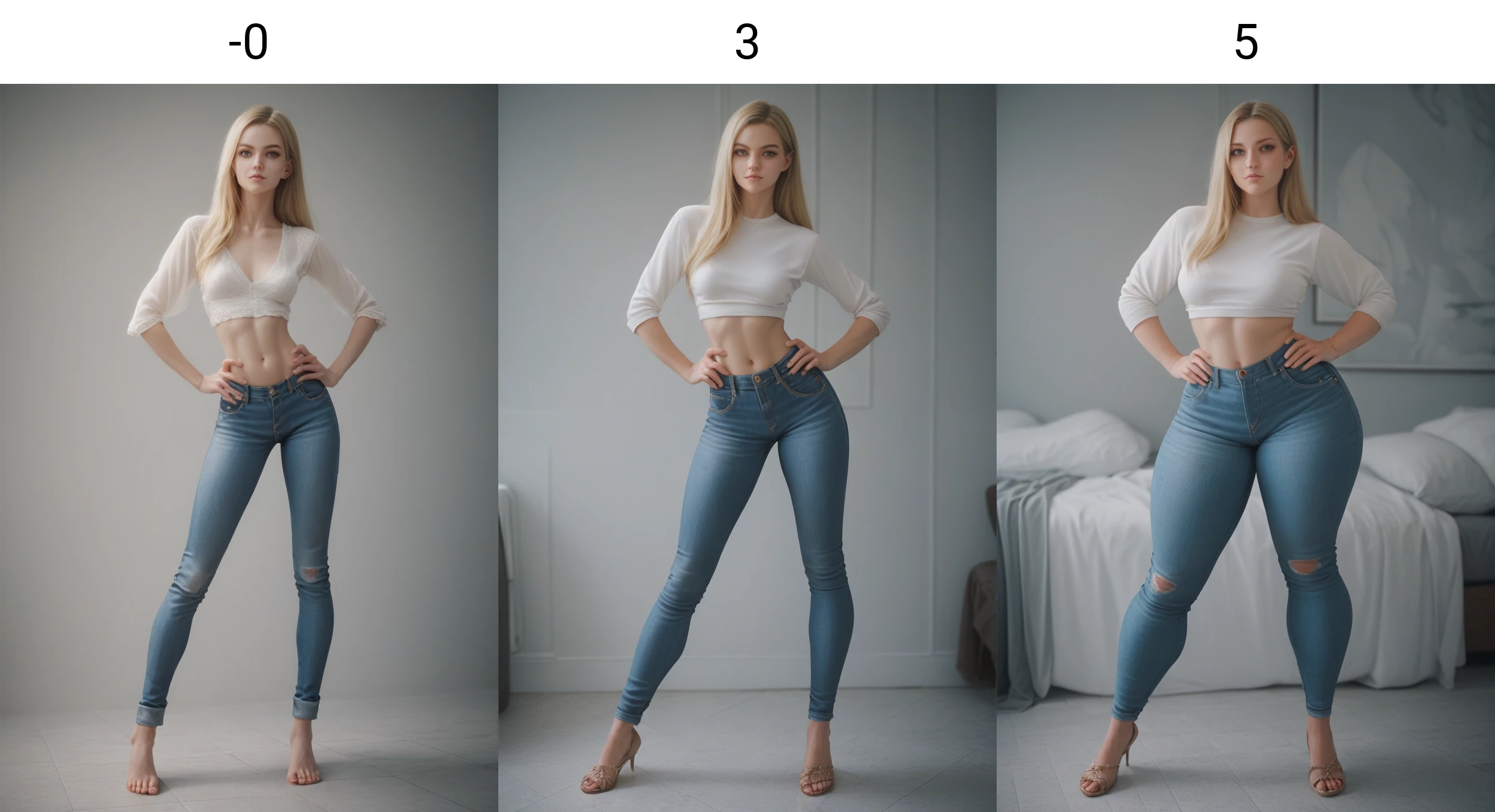 woman, blonde hair, full body shot, medium breasts, looking at viewer, standing, (((1girl))), <lora:Thigh Size Slider V2_alpha1.0_rank4_noxattn_last:-0>, spread legs, ((skinny)), <lora:Skin Color_alpha1.0_rank4_noxattn_last:-1>, long hair, hands on hips, jeans, petite,, score_9, score_8_up, score_7_up,