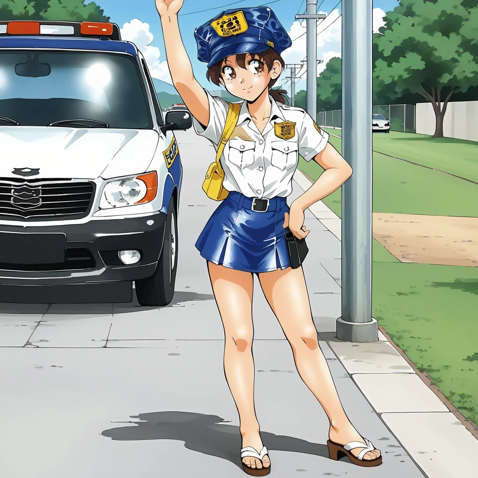 <lora:SMPKyokoSakuradaXLpony001>,
solo,
KyokoSakurada,1girl,brown hair,low ponytail,brown eyes,
police hat,
white shirt,short_sleeves,
mini skirt,
sandals,high_heels,
outdoors,
full body,standing,