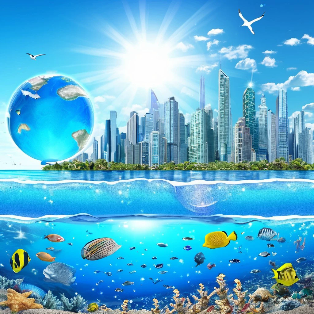 skyline, skyscrapers, beach, ocean, globe, tropical fishes, birds, sun, sparkles, bokeh, UHD, 8K, high resolution, ultra detailed