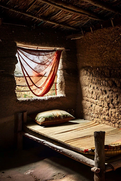 Indian_Building, InteriorType:RuralBedRoom, A poignant and evocative photograph of a desolate mud and straw house in a impoverished Indian village, reflecting the daily struggles and hardships faced by those living in rural India. The interior is sparsely furnished, with a simple, rustic wooden bed adorned with a worn pillow and a tall, simple wooden cloth cabinet with two doors against the wall. The windows are covered with colorful sarees or bedsheets, allowing only a faint, diffused light to enter and cast a somber glow over the space. The overall atmosphere of the image evokes a sense of melancholy, capturing the resilience and strength of those living in such conditions