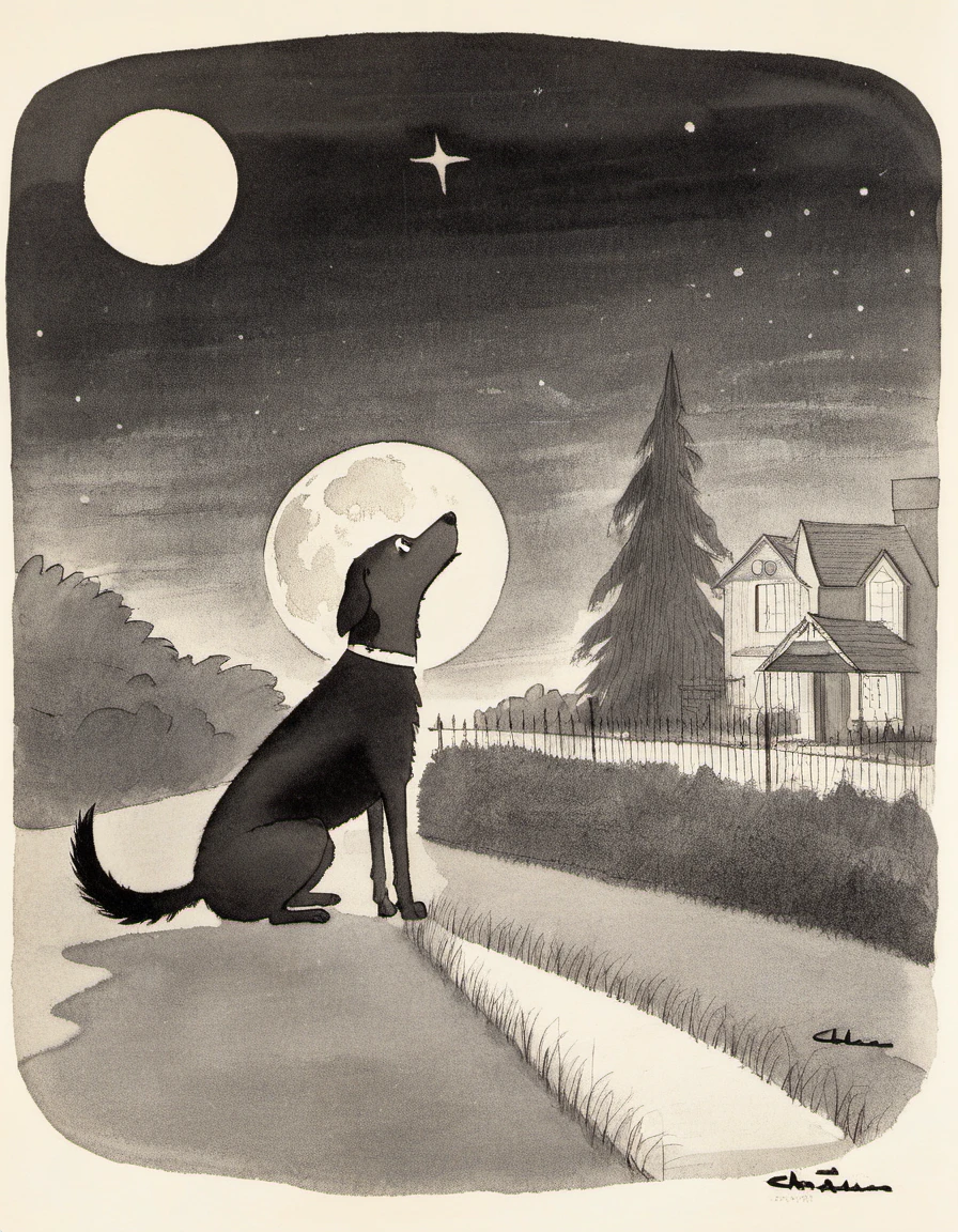 a cartoon of a dog howling at the moon in the style of charles-addams