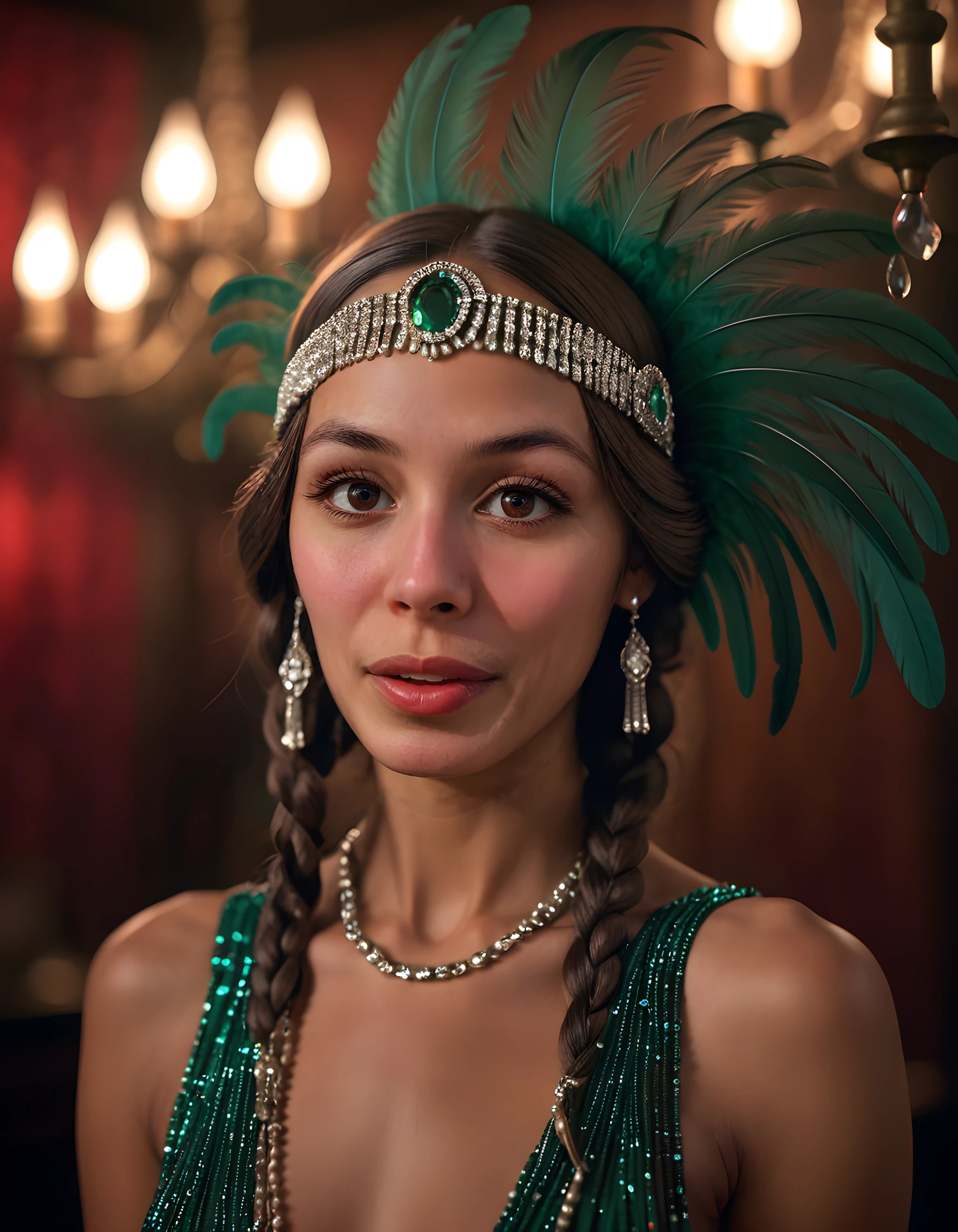 In a dimly lit, vintage speakeasy reminiscent of the 1920s, a captivating woman named S4R4D is depicted in a close-up portrait. Her long, cascading brown braids adorned with intricate beads and feathers frame her enigmatic face. She wears a unique, shimmering emerald green flapper dress that sparkles under the low-hanging chandeliers casting soft, warm shadows across her expressive features. Her full, dark lips are painted a bold red, matching her intensely smoky eyes that seem to gaze directly into the soul of the viewer. The camera is positioned at an angle from below, capturing her strong jawline and high cheekbones in a slightly blurry yet mesmerizing effect, as if time itself has momentarily stood still for this enchanting vision of a woman lost in the magic of the era.