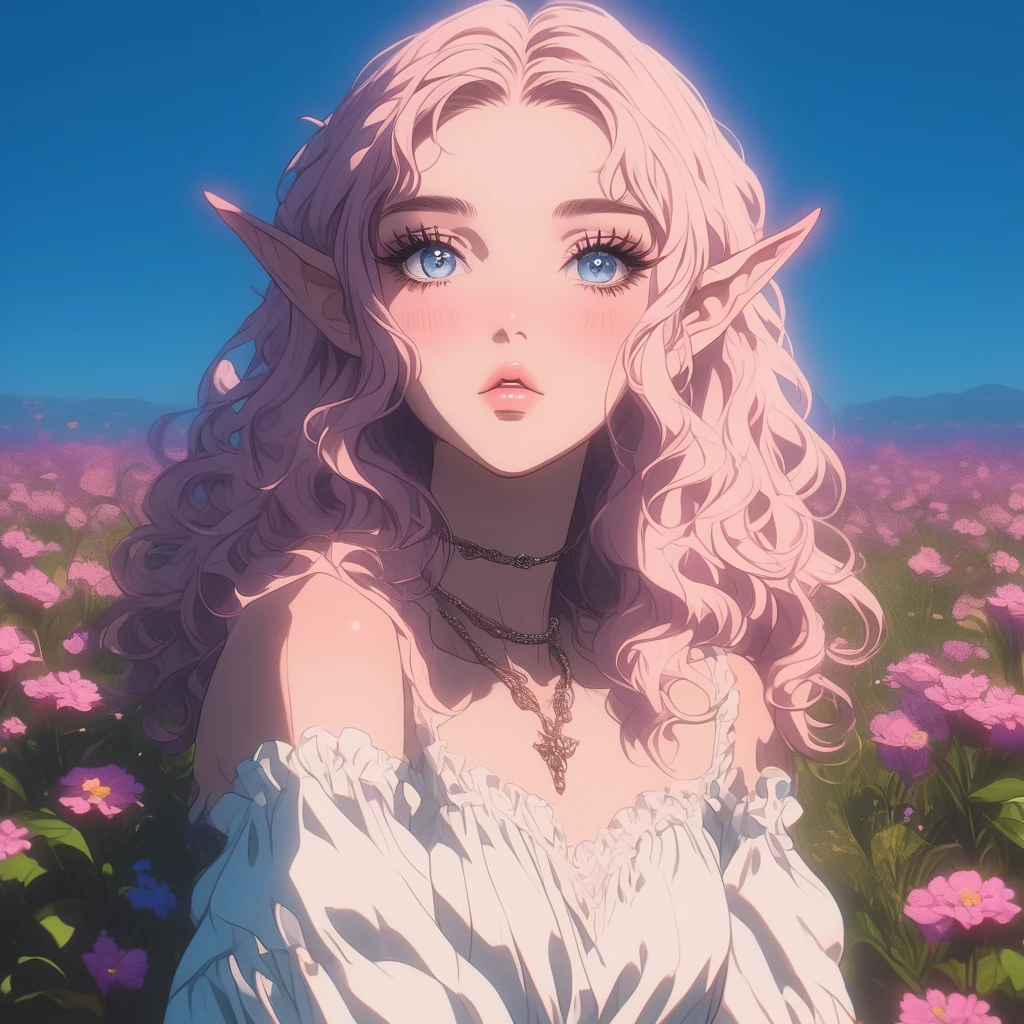 GLSHS, a girl with wide blue eyes standing in a field of flowers, sky, light pink hair, tenderness, white dress, necklace, elf ears, summer day, sunlight, wavy hair, slightly open mouth, skinny, long eyelashes, blush, pale skin, delicate colors, open shoulders