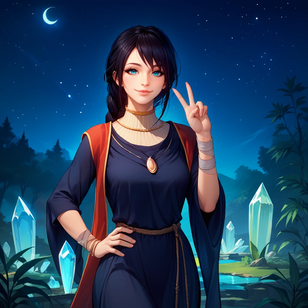 1girl,solo,<lora:sel (4):1>,sorceress sellen,magician robes,bandaged foot,blue eyes,black hair,braid,necklace, looking at viewer,smile,closed mouth,hand up,v,hand on own hip,standing,outdoors,bamboo forest,night,night sky,star \(sky\),crystal,, score_9, score_8_up, score_7_up, perfect anatomy, source_anime, zPDXL2,