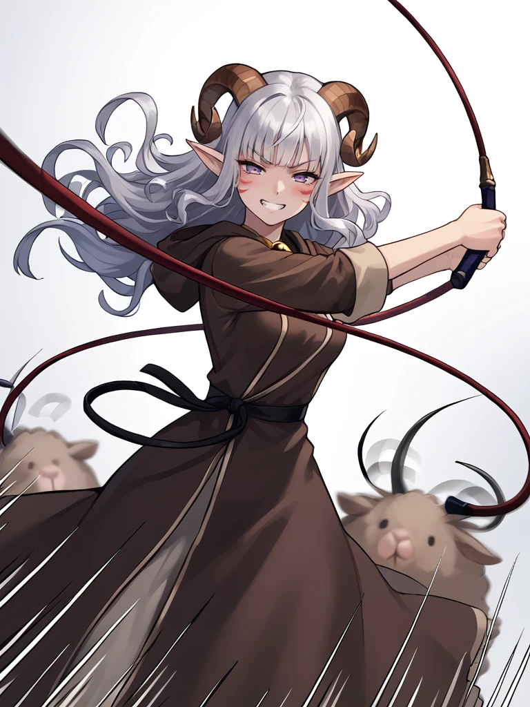 <lora:whip:0.8>solo,  holding weapon, whipping, slashing, whip,source_furry, score_7_up, rating_safe, cowboy shot, gold necklace, tiefing, short pointed ears, brown horns, (a pair of brown sheep Horns that begin at her temples and curve back: 1.5), bangs, long silver hair long wavy hair, pale skin, <lora:whisker_markings:0.8>red whisker_markings ,short pointy ears, purple eyes, <lora:age_slider_v4:0.6>   medium breasts, skinny female, silver hair, <lora:Tieflingnew weird fantasyDND:0.3> Tiefling, pointed ears, horns, half-closed eyes<lora:Smooth Style 2 SDXL_LoRA_Pony Diffusion V6 XL:0.5> bell, robe, hood off, grin, blush, fighting stance,((( whipping:1.2, motion blur, motion lines))), outstretched arms, doyagao,  <lora:incoming_attack:0.2> incoming vertical sword attack, incoming horizontal sword attack