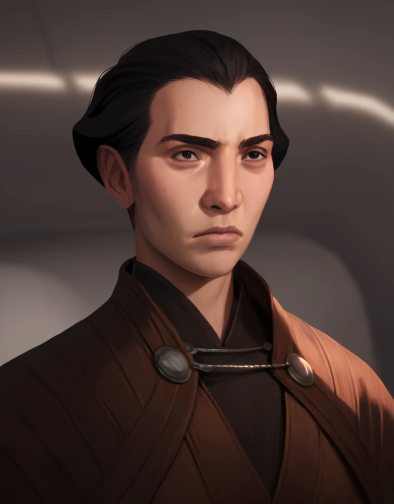 score_9, score_8_up, score_7_up, score_6_up, score_5_up, score_4_up,  photorealistic, realistic,  Young-Dooku, Star Wars, solo, short hair, black hair, 1boy, closed mouth, upper body, male focus, blurry background, spacecraft interior, <lora:Younger_Count_Dooku:1>