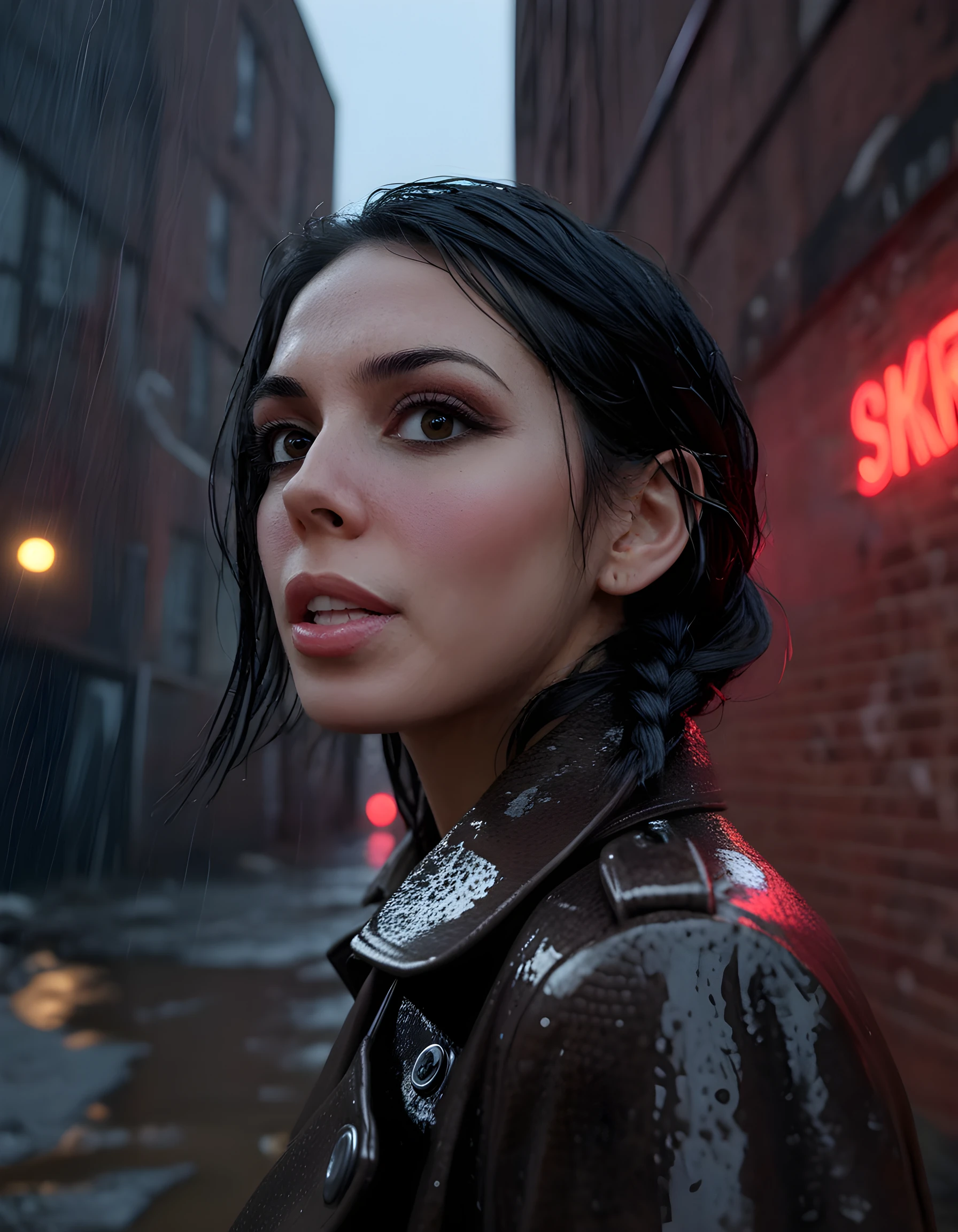 In a gritty, neo-noir urban setting, the enigmatic S4R4D, a woman with raven-black hair and piercing brown eyes, stands against the cold, rain-soaked brick wall of an abandoned warehouse, her luminous face illuminated by the eerie glow of a single, flickering neon sign. She wears a unique outfit _ a fitted leather trench coat adorned with intricate silver spikes and a crimson silk blouse that billows around her like dark smoke. Her lips are parted slightly, revealing a hint of her sharp, gleaming teeth as she gazes intently into the distance, her long braid cascading down her back in a wet, shimmering snake-like form, creating a striking contrast to the otherwise monochromatic and desolate landscape. The camera is positioned low, looking up at her from below, capturing her defiant, enigmatic stance that exudes a sense of both vulnerability and strength, all while maintaining an air of mystery in this close-up, blurry portrait.