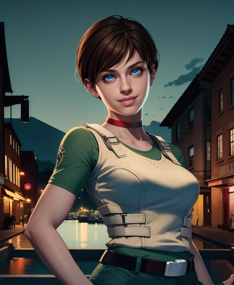 rebbecca,blue eyes,brown hair,short hair,
green shirt,vest,belt,short sleeves,red choker,
night,town,   light smile,   
standing,upper body,
(insanely detailed,  masterpiece, best quality),solo,<lora:Rebbeccachambers:0.9>,