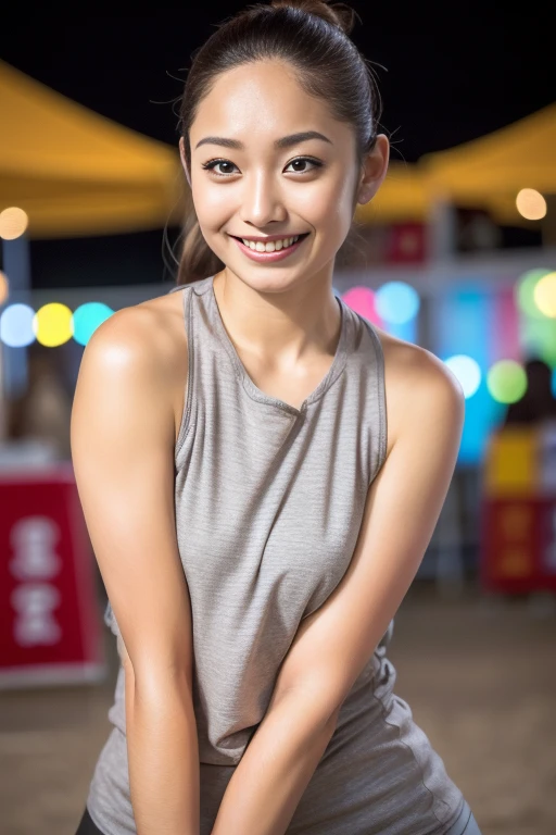 1girl,(RAW photo, best quality), (realistic, photo-realistic:1.4), masterpiece, an extremely delicate and beautiful, extremely detailed, 2k wallpaper, Amazing, finely detail, extremely detailed CG unity 8k wallpaper, ultra-detailed, highres, soft light, beautiful detailed girl, extremely detailed eyes and face, beautiful detailed nose, beautiful detailed eyes,cinematic lighting,perfect anatomy,slender body
(wearing tshirt)(yoga pants),standing
(at a park at night),(japan summer festival),(festival stalls:1.2),(city lights at night),
smiling
<lora:andomiki_lora:0.7>