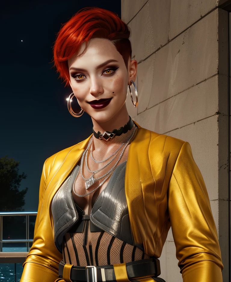 aurore,brown eyes,red hair,short hair,
jewelry,makeup,choker,belt,hoop earrings,yellow jacket,necklace,fishnet top,looking at viewer,belt,
upper body,light smile,
science fiction,night,
(insanely detailed, masterpiece, best quality),solo,<lora:aurorecassel:0.8>,