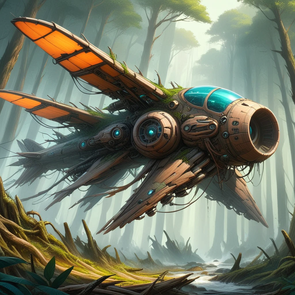 NaturePunk, A sci fi military fight jet that is made of living wood and stone and metal and glass, concept art, flying over a swamp