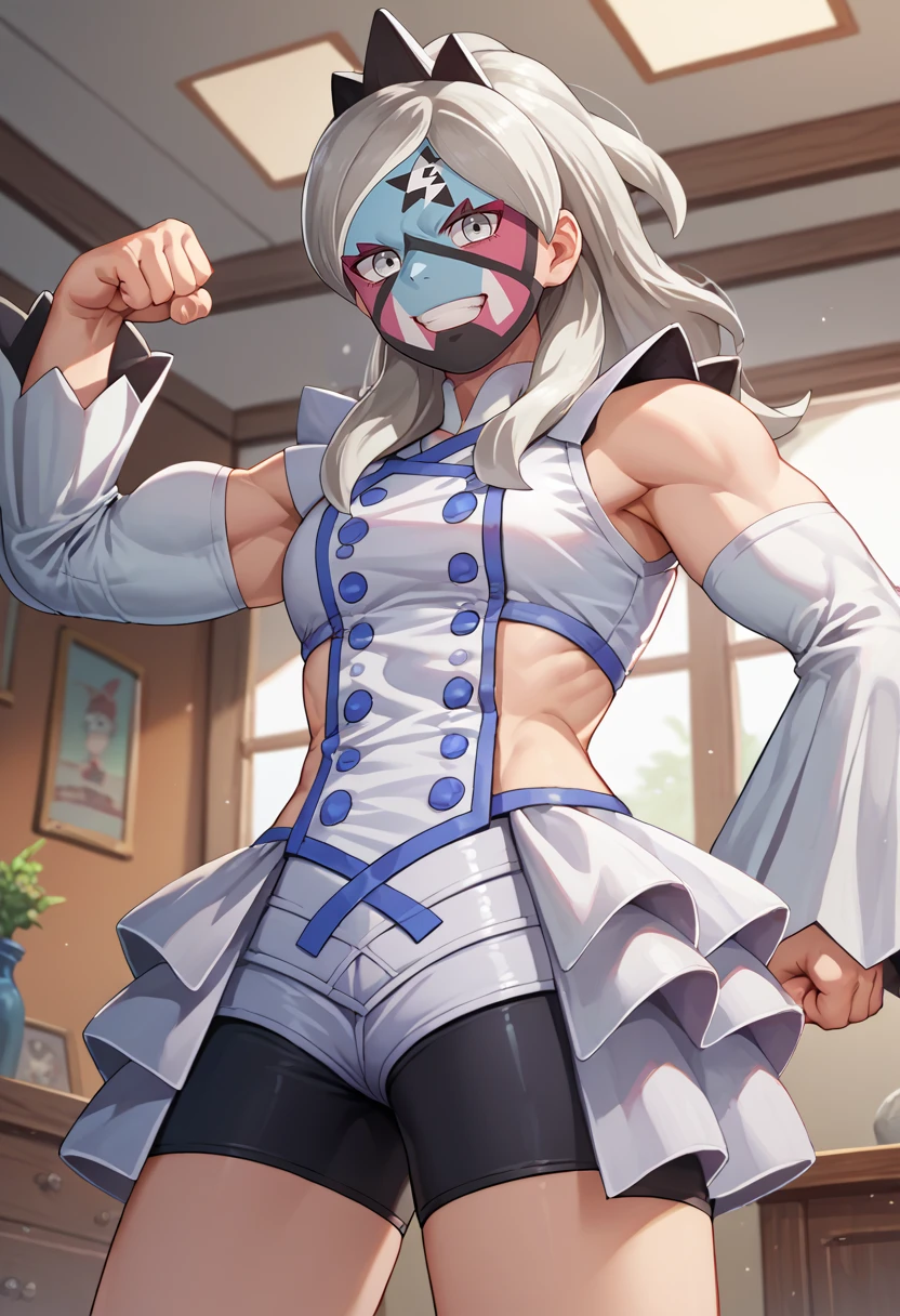 score_9, score_8_up, score_7_up, source_anime, solo, 1girl, pokemoneri, facepaint, grin, looking at viewer, standing, flexing, grey hair, tiara, mask, grey eyes, shirt, double-breasted, buttons, detached sleeves, black shorts, bike shorts under shorts, short shorts, indoors <lora:pokemon_eri_ponyXL:1>