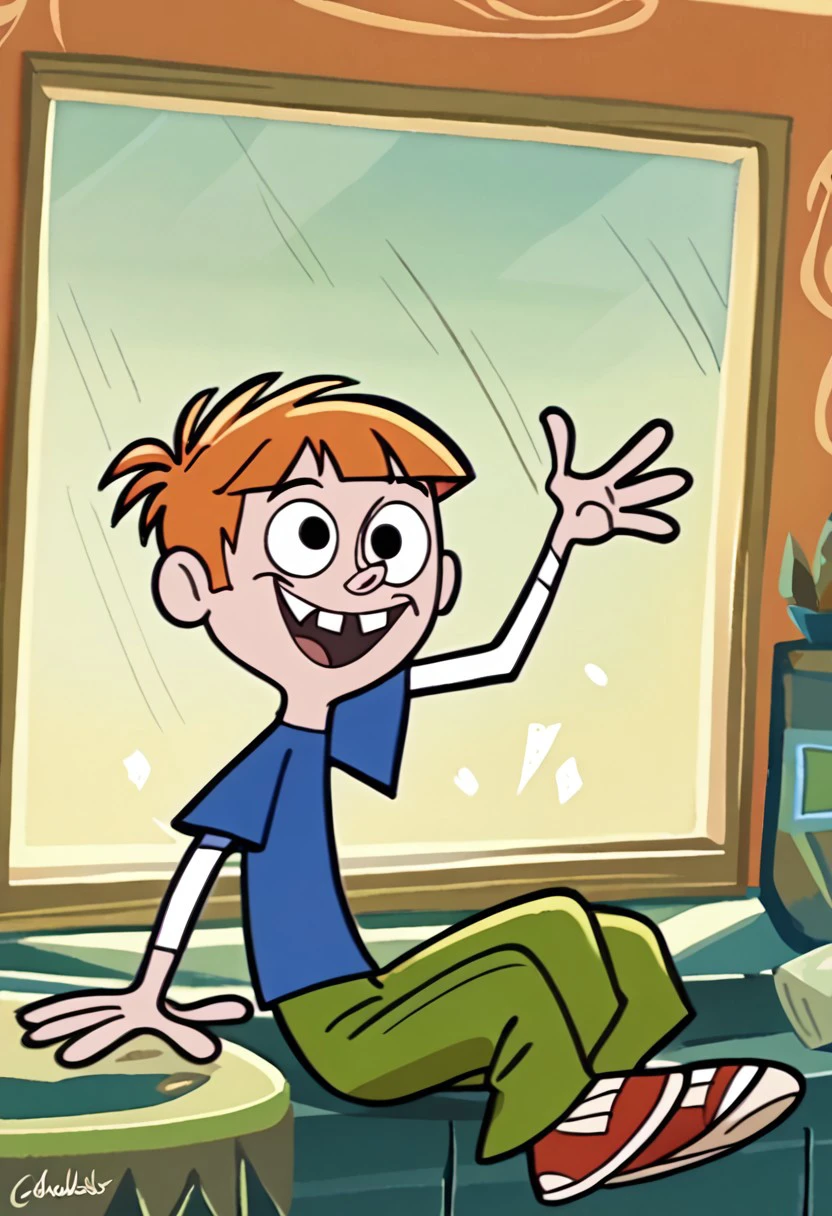 score_9, score_8_up, score_7_up, BREAK ToddWS, 1boy, short orange hair, black eyes, tooth gap, short-sleeved blue shirt, long-sleeved white undershirt, green pants, red white shoes, solo, solo focus, happy,