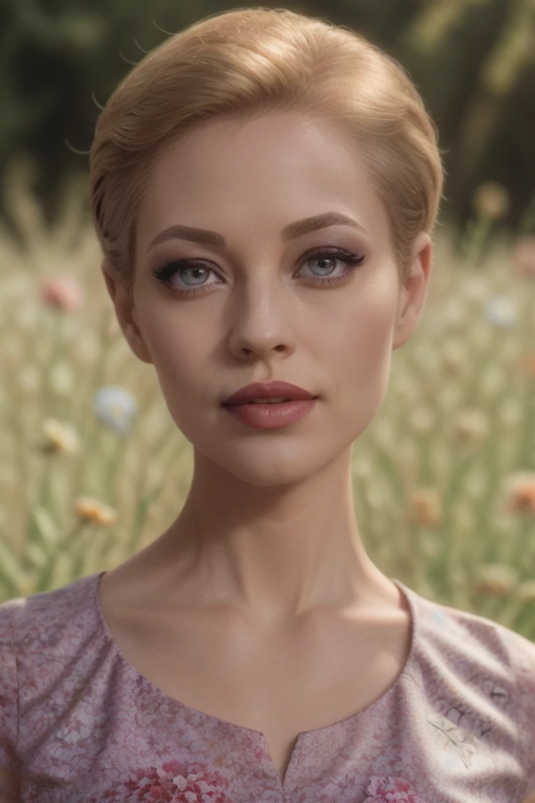 <lora:sevenofnine-09:0.6>,sevenofnine, ((short hair, pixie cut)), ((detailed skin, detailed face):1.2), ((detailed eyes, beautiful eyes):1.2), ((red lipstick, blush, eye shadow, eyeliner, pale skin)), ,photo of a woman, RAW, close portrait photo, ((beautiful floral print sundress)),((short hair, pixie cut)), ((outdoors, gorgeous meadow, walking)), 8k uhd, dslr, soft lighting, high quality, film grain, Fujifilm XT3 sharp focus, f 5.6,((red lipstick, blush)) , slight smile, ((detailed eyes, beautiful eyes, detailed face, beautiful face)),