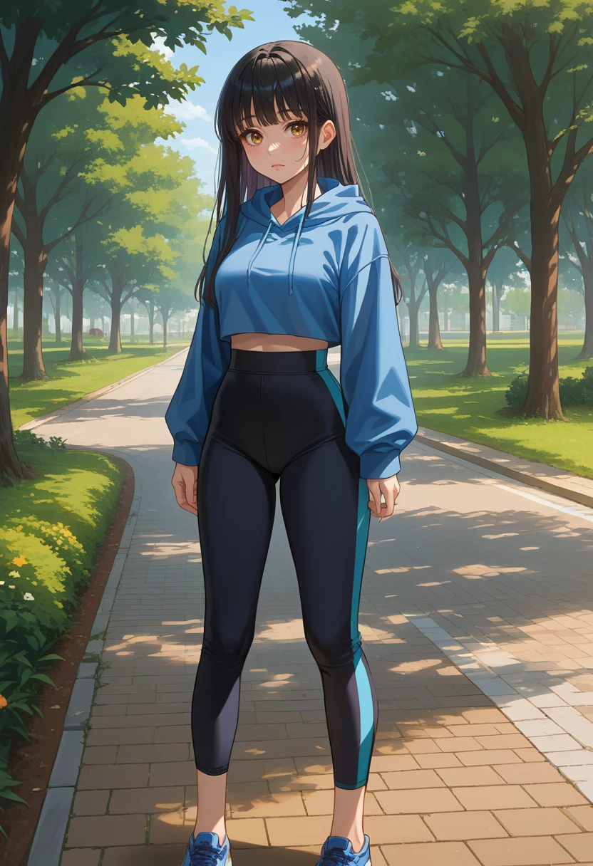 score_9, score_8_up, source_anime, 1girl, solo, YotsuyaMiko, bangs, long hair, outdoors, park, blue hoodie, high-waist pants, yoga pants, black pants, light blush, <lora:ChamYotsuyaMikoPonyXL:1>