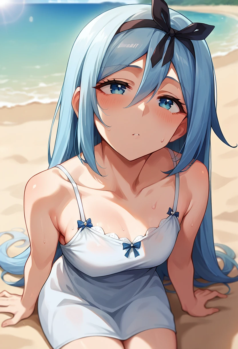 score_9, score_8_up, score_7_up, source_anime, masterpiece, 1girl, ctiankrulc1fer, light blue hair, blue eyes, white camisole dress, looking up, sand, looking at viewer, outdoors, beach, depth of field, sunny, day, sweat, smell,<lora:Krulcifer_Einfolk_pony_ct:1>