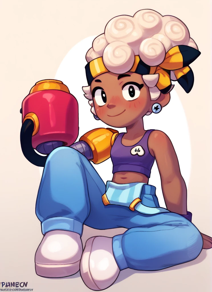 score_9, score_8_up, score_7_up bsmaisie, 1 girl , blonde hair , hairband , dark-skinned female, single mechanical arm, single arm  , purple tank top , navel ,overalls<lora:PossumMachine:1>posmach   , looking at viewer,  <lora:bsmaisie-000006:1>smile , blush, sit , white footwear,